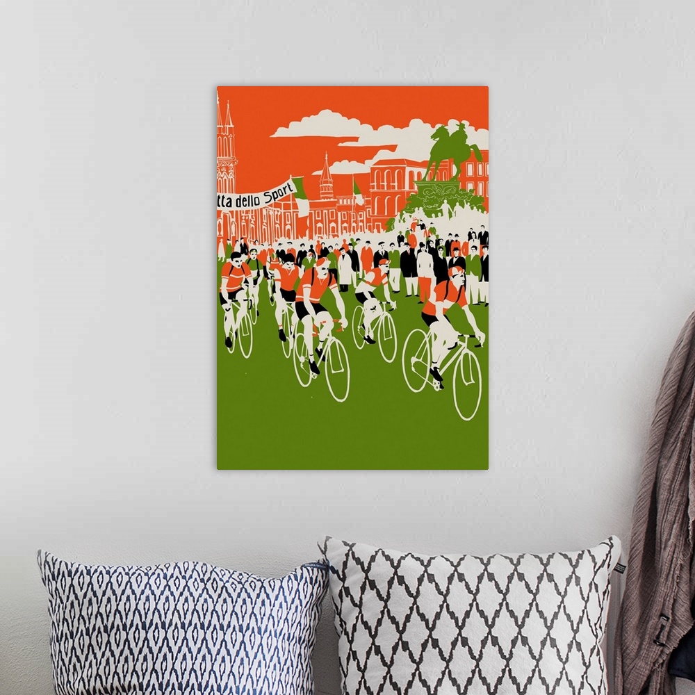 A bohemian room featuring Contemporary illustration of a cycling race.