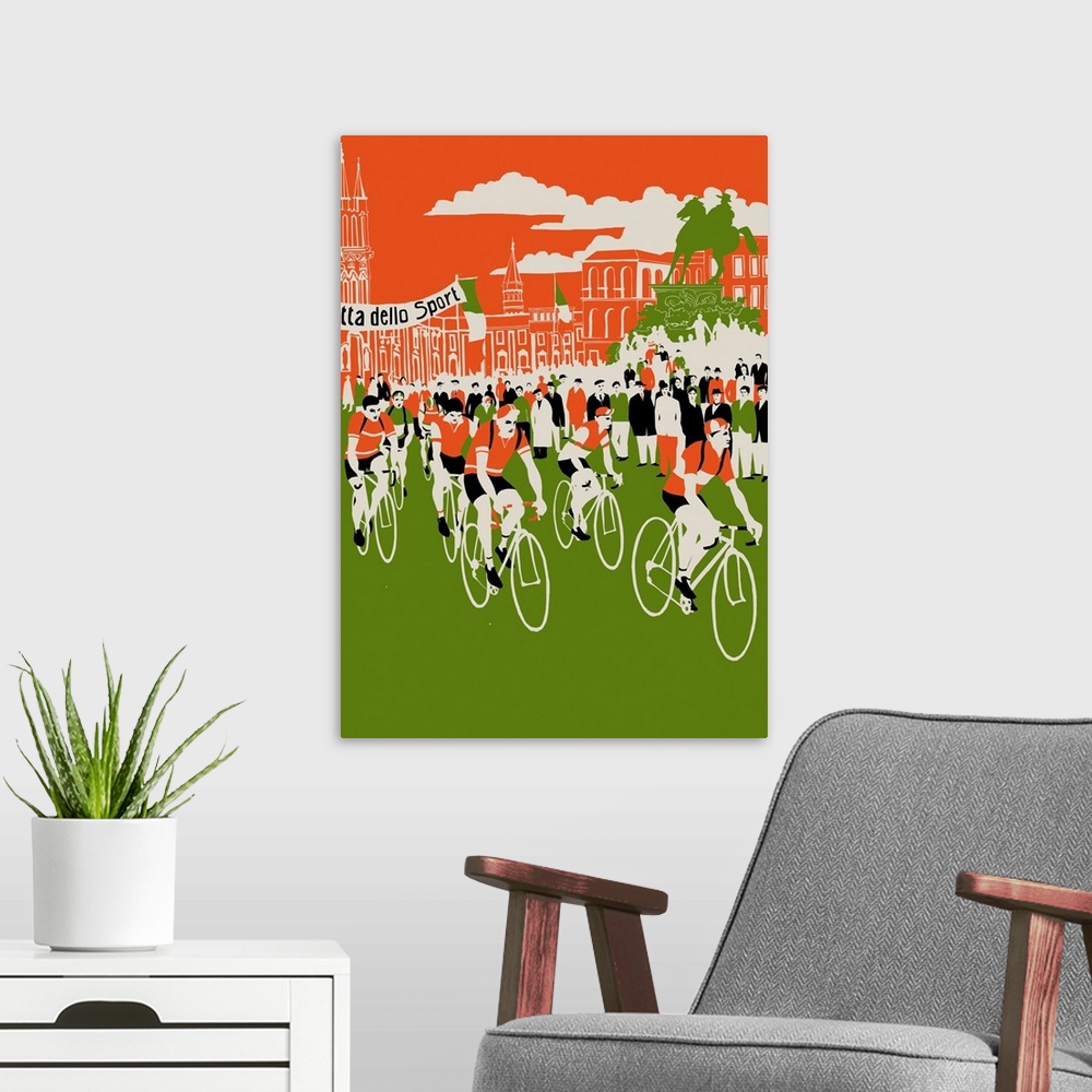A modern room featuring Contemporary illustration of a cycling race.