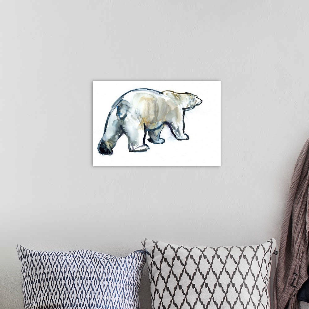 A bohemian room featuring Contemporary artwork of a polar bear against a white background.