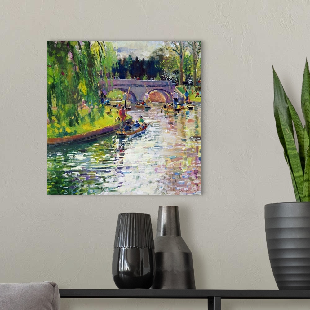 A modern room featuring Big, square painting of several small boats with passengers floating through a bending river, tow...