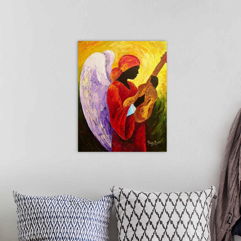 A bohemian room featuring Contemporary religious painting of an angel playing music.