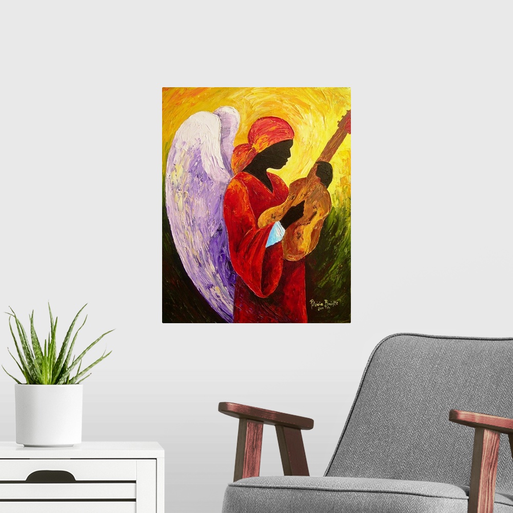 A modern room featuring Contemporary religious painting of an angel playing music.