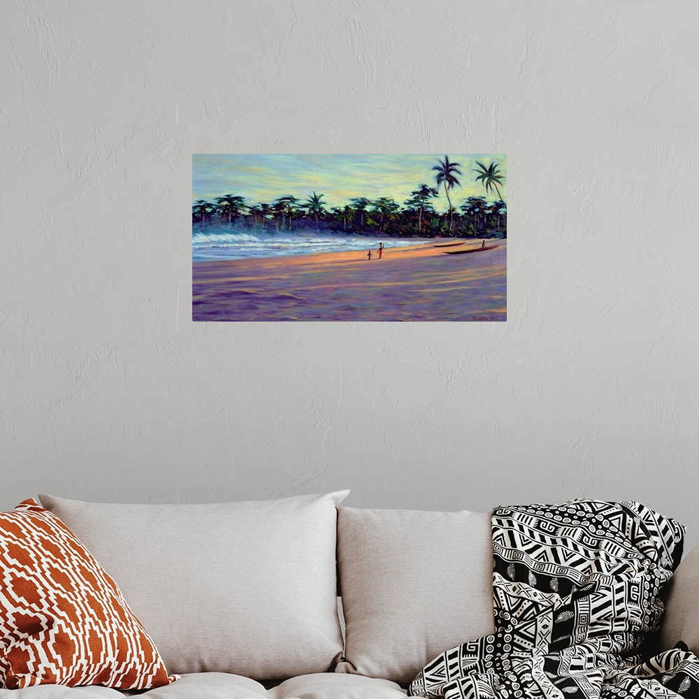 A bohemian room featuring Painting of beach shore with waves rolling in and Palm trees in the distance.  There are canoes o...