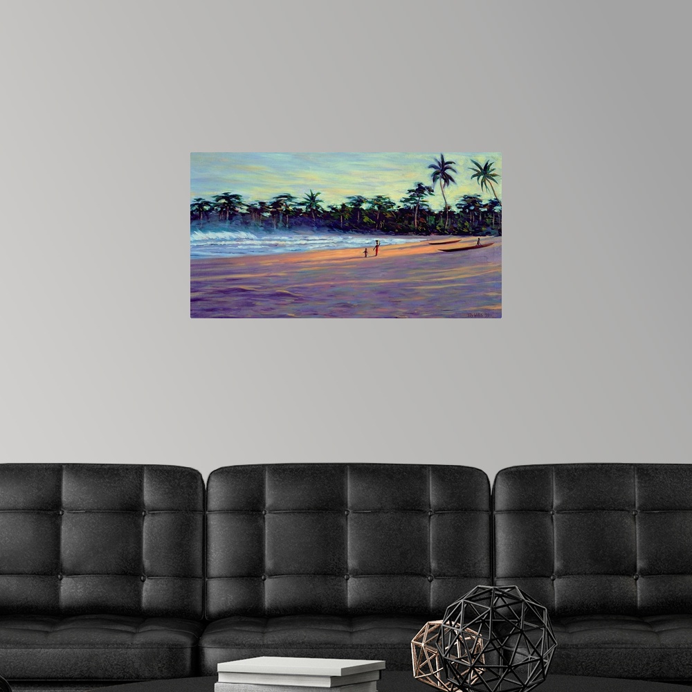 A modern room featuring Painting of beach shore with waves rolling in and Palm trees in the distance.  There are canoes o...