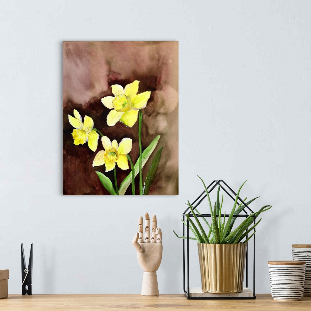 A bohemian room featuring Contemporary watercolor painting of  bright yellow daffodils.