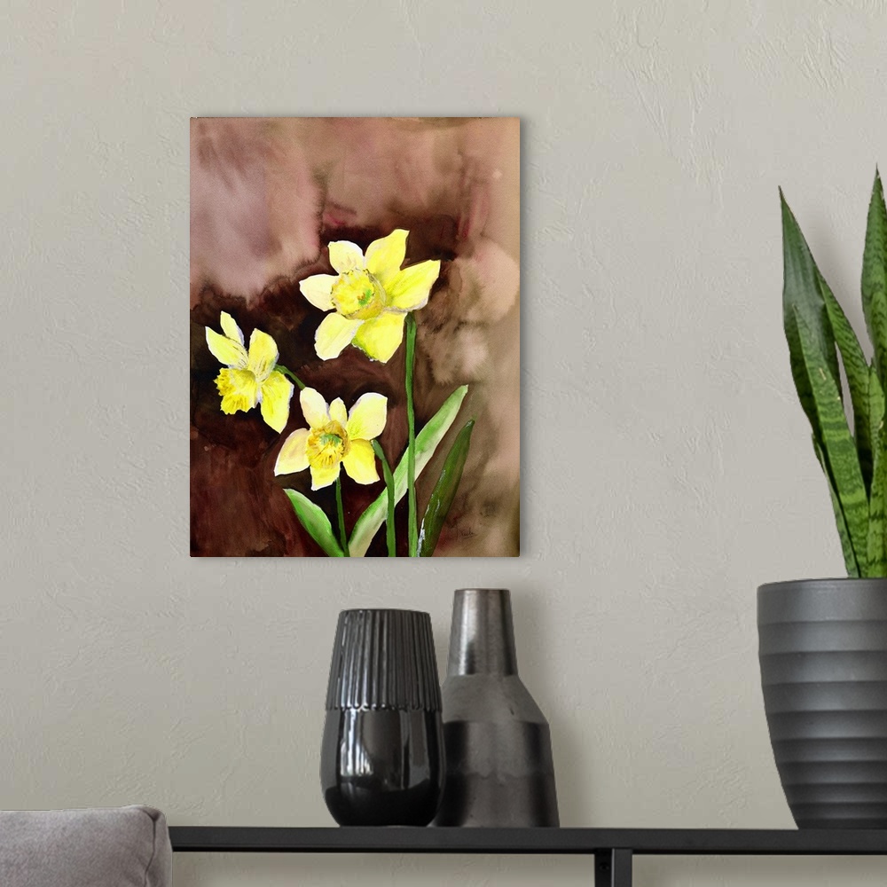 A modern room featuring Contemporary watercolor painting of  bright yellow daffodils.