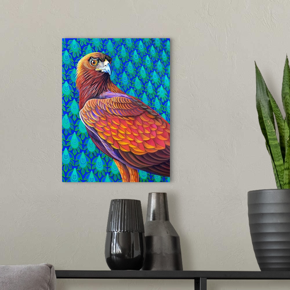 A modern room featuring Golden eagle, 2017, (originally oil on canvas) by Tattersfield, Jane
