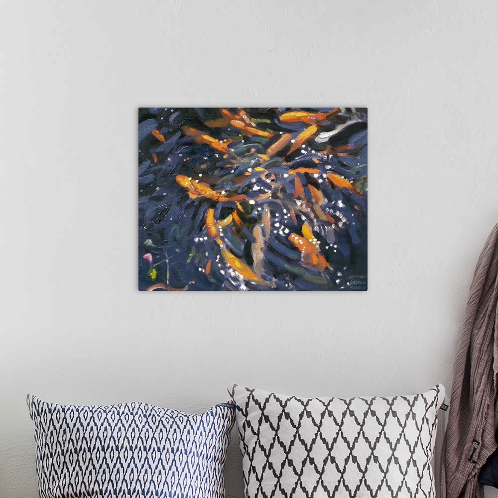 A bohemian room featuring This contemporary artwork is of goldfish swimming near the surface of a pond.