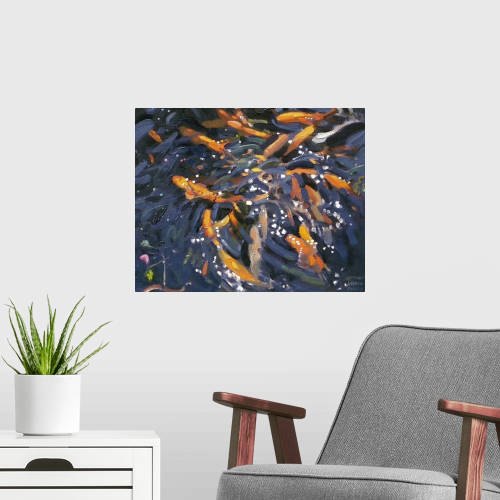 A modern room featuring This contemporary artwork is of goldfish swimming near the surface of a pond.