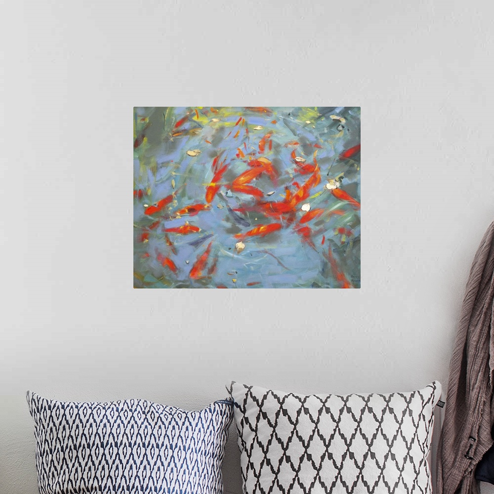 A bohemian room featuring Contemporary painting of a goldfish collectively swimming in a small pool.