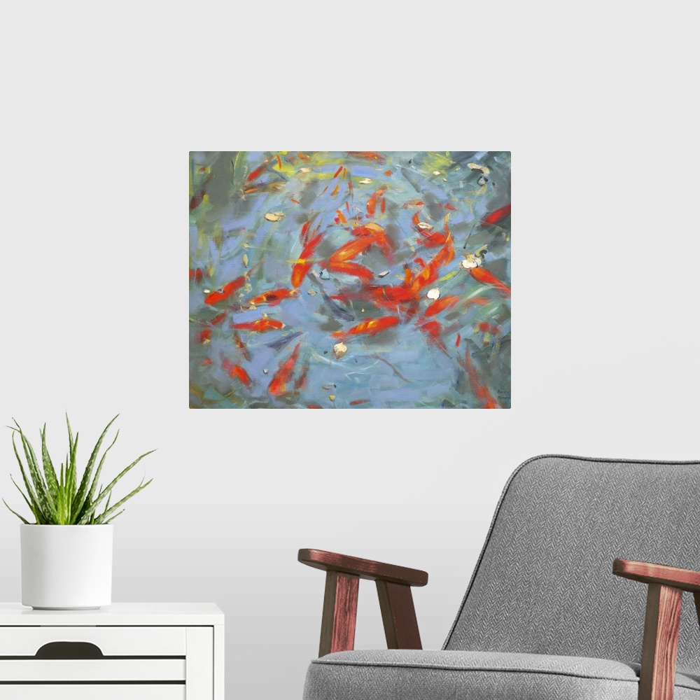 A modern room featuring Contemporary painting of a goldfish collectively swimming in a small pool.