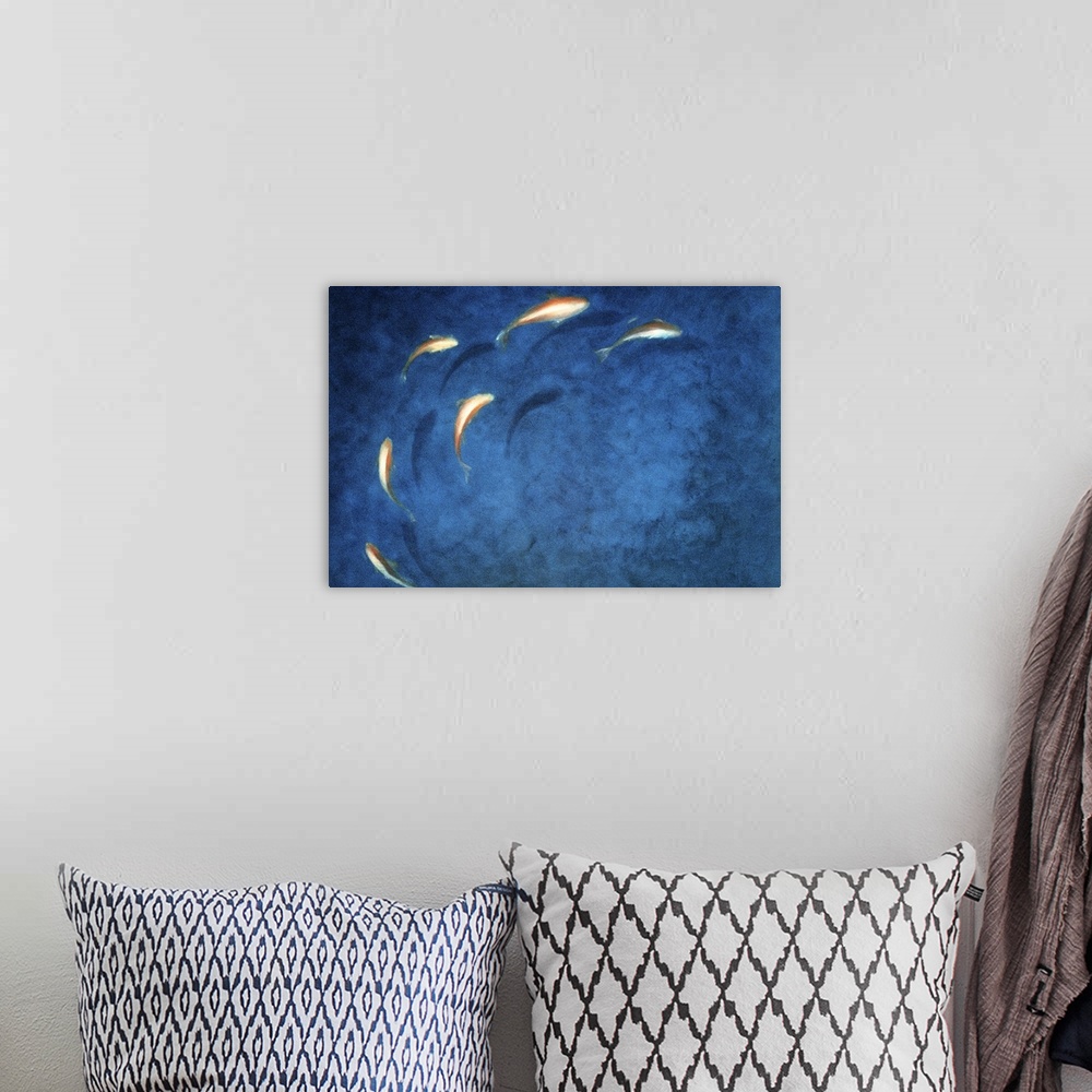 A bohemian room featuring Artwork of fish swimming in a pond in a circular pattern.