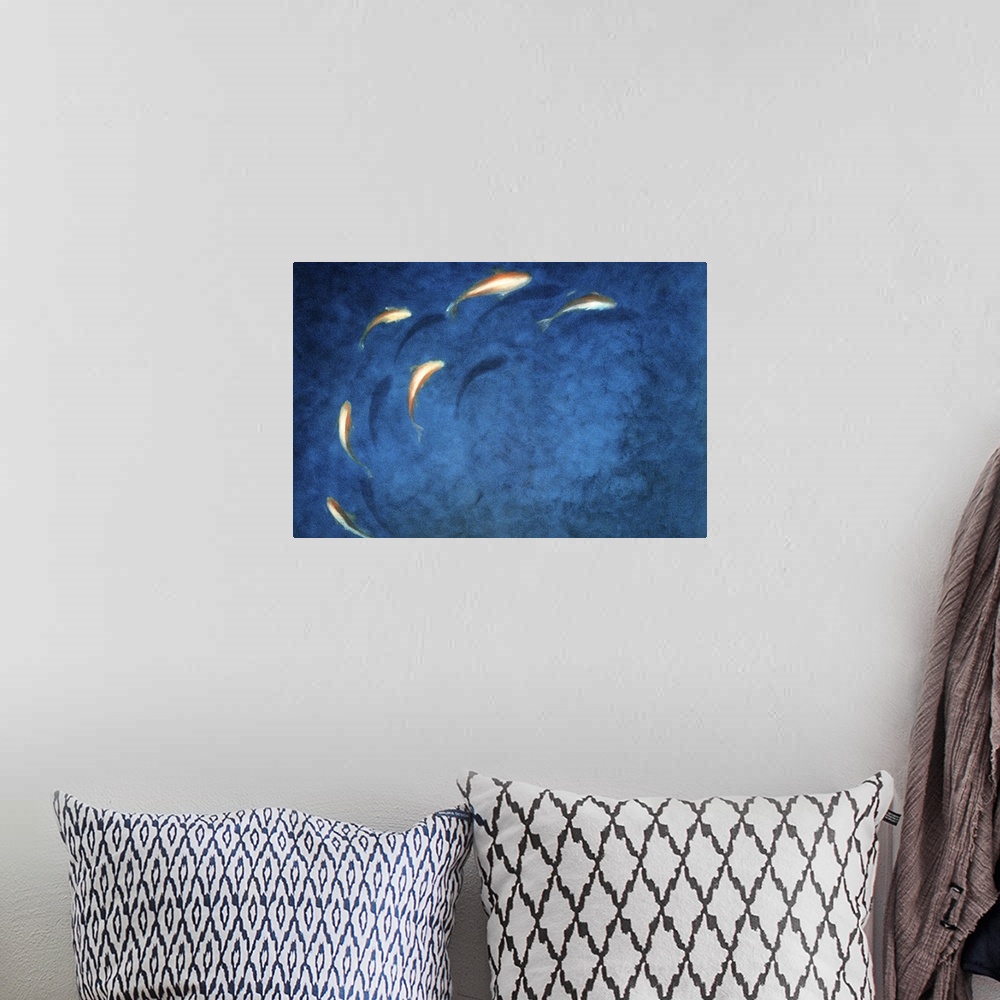 A bohemian room featuring Artwork of fish swimming in a pond in a circular pattern.