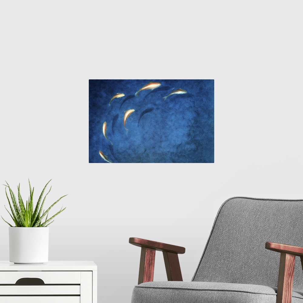 A modern room featuring Artwork of fish swimming in a pond in a circular pattern.