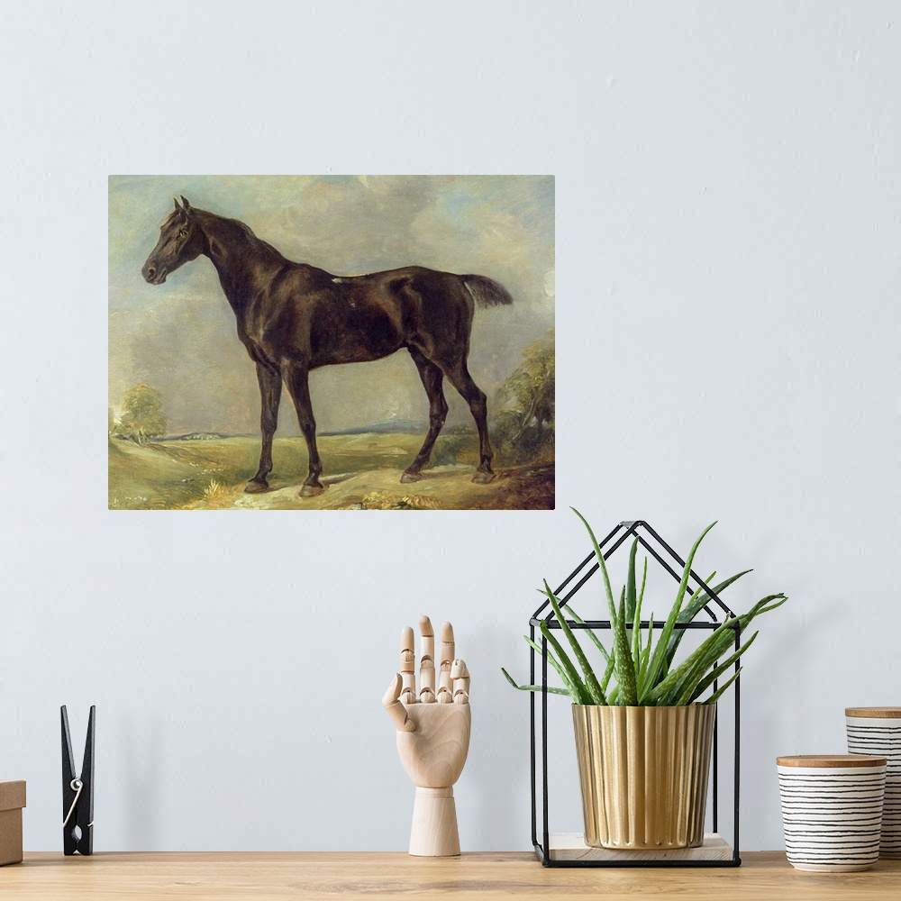 A bohemian room featuring An oil painting of a black horse standing on a path with painted trees and foilage in the backgro...