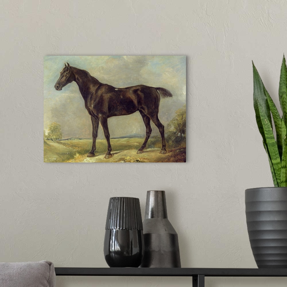 A modern room featuring An oil painting of a black horse standing on a path with painted trees and foilage in the backgro...