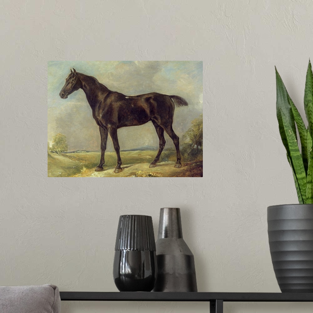 A modern room featuring An oil painting of a black horse standing on a path with painted trees and foilage in the backgro...