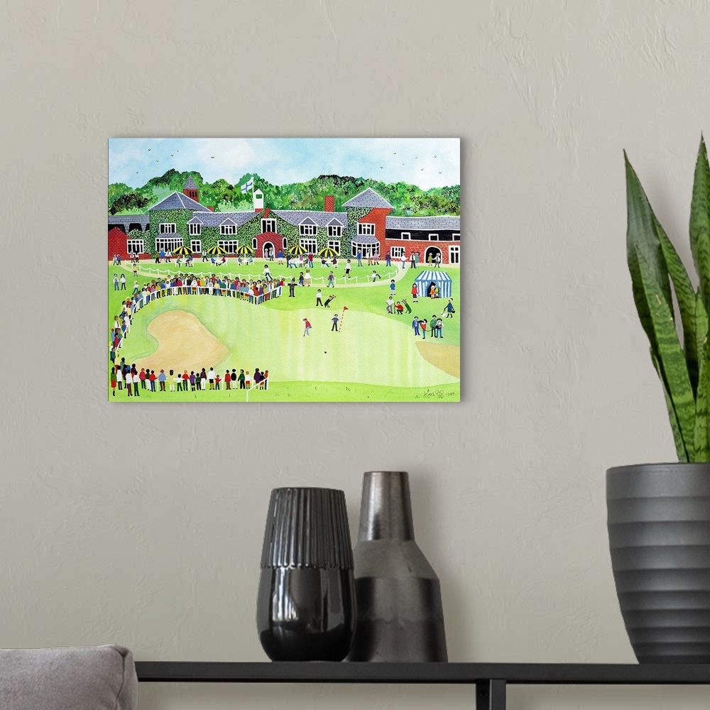 A modern room featuring Contemporary painting of people watching a golf game.