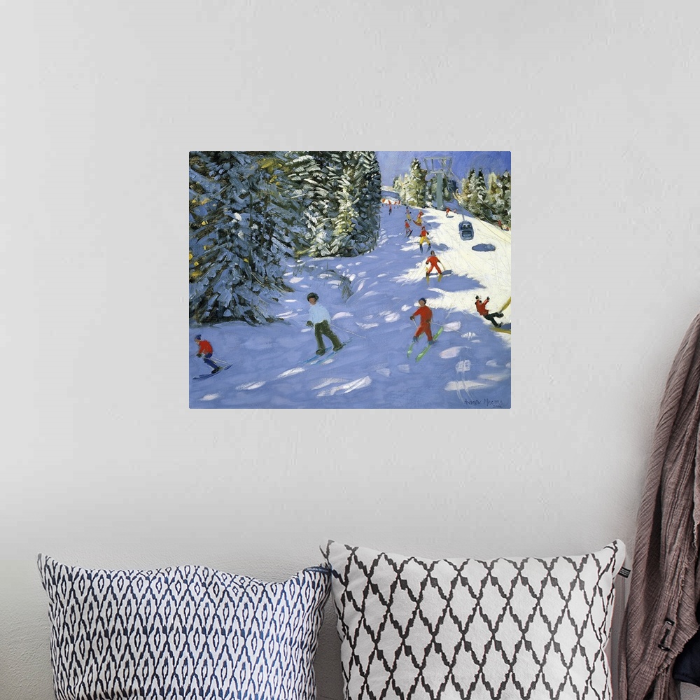 A bohemian room featuring Painting of skiers on mountain slope surrounded my snow covered pine trees.