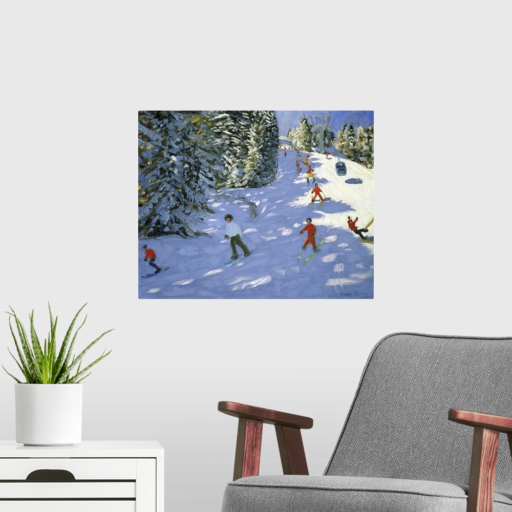 A modern room featuring Painting of skiers on mountain slope surrounded my snow covered pine trees.
