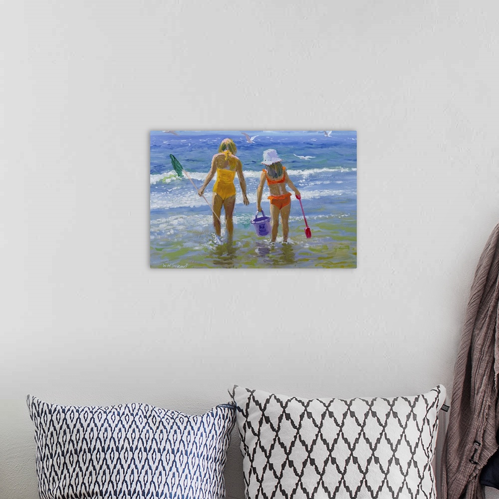 A bohemian room featuring Oil painting of two young girls from behind, standing in the ocean holding a fishing net, bucket,...