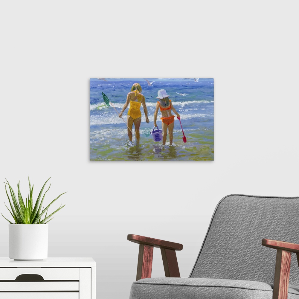 A modern room featuring Oil painting of two young girls from behind, standing in the ocean holding a fishing net, bucket,...