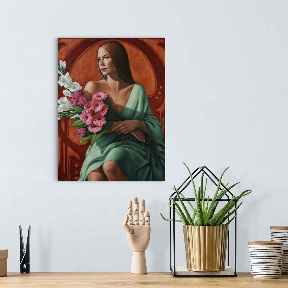 A bohemian room featuring Contemporary art deco-style painting of a woman holding a bouquet of flowers.