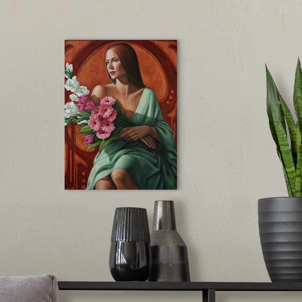 A modern room featuring Contemporary art deco-style painting of a woman holding a bouquet of flowers.