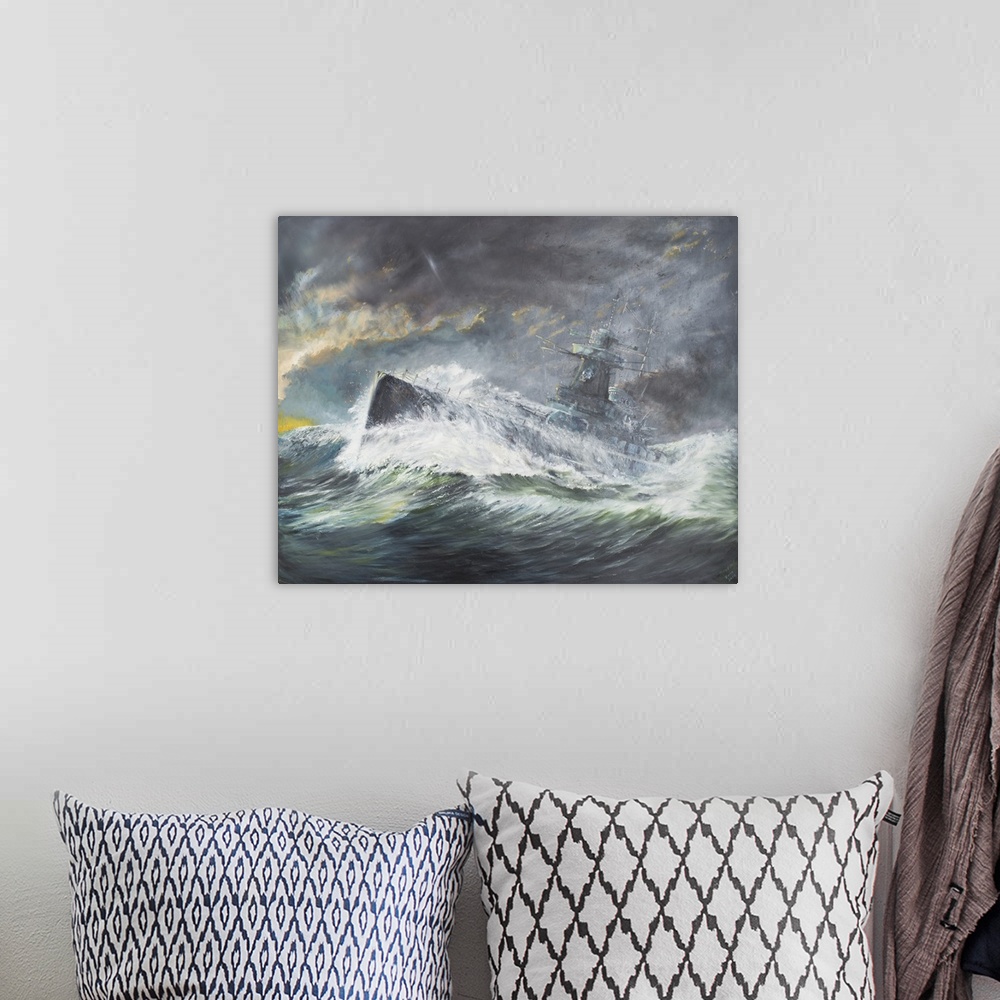 A bohemian room featuring Contemporary painting of a ship riding the high seas during an aggressive storm.