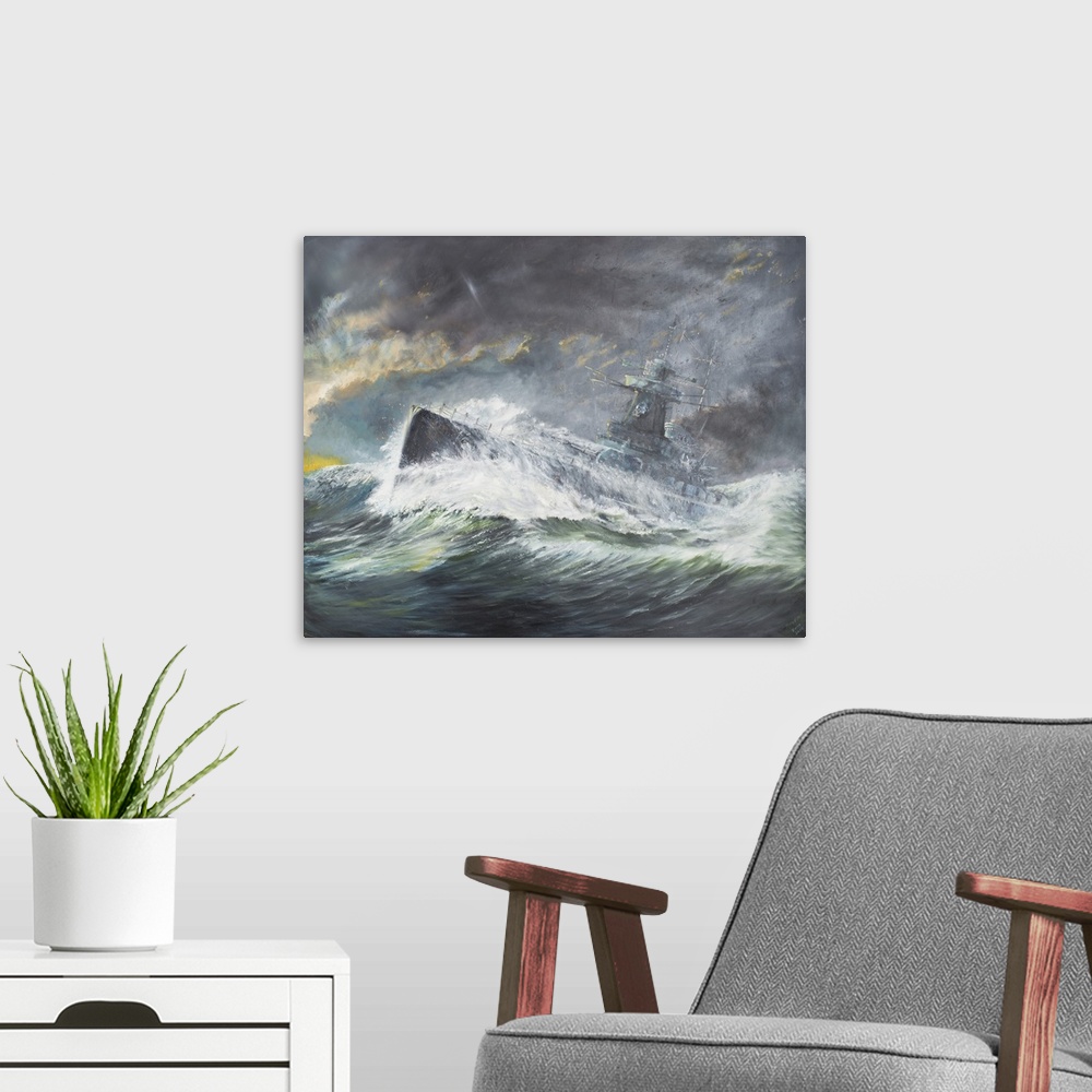 A modern room featuring Contemporary painting of a ship riding the high seas during an aggressive storm.