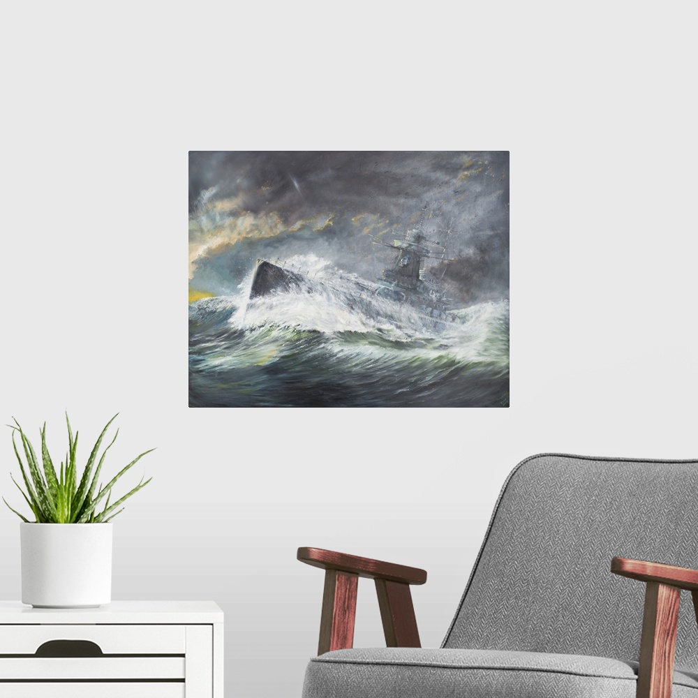 A modern room featuring Contemporary painting of a ship riding the high seas during an aggressive storm.