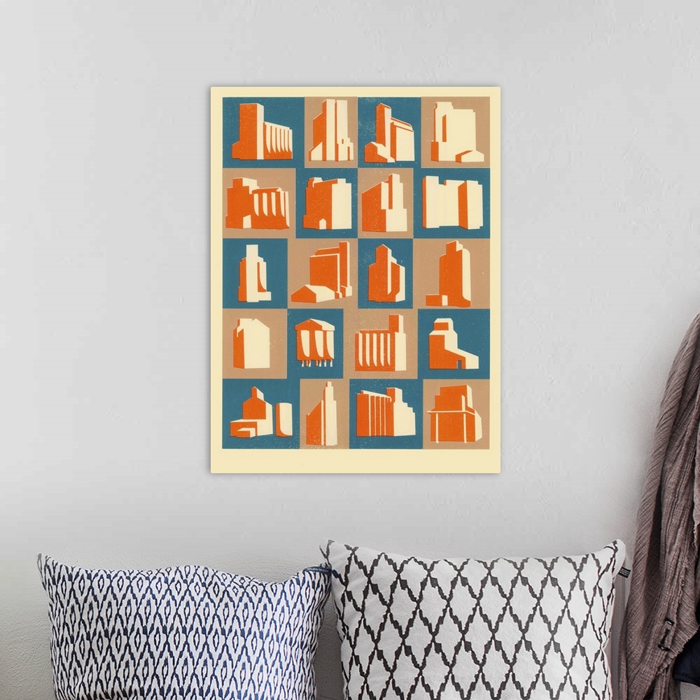 A bohemian room featuring Contemporary painting of square tiles with grain silos in them in blue orange and beige.