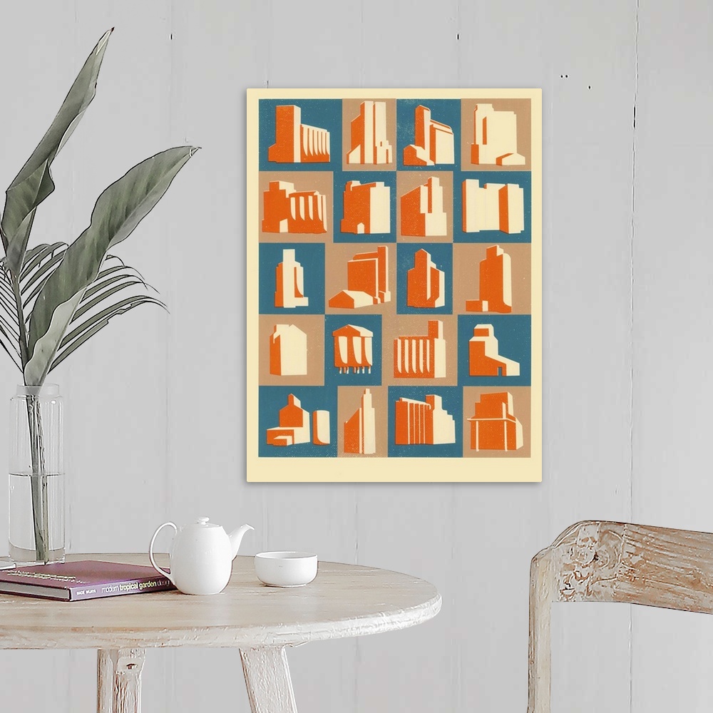 A farmhouse room featuring Contemporary painting of square tiles with grain silos in them in blue orange and beige.