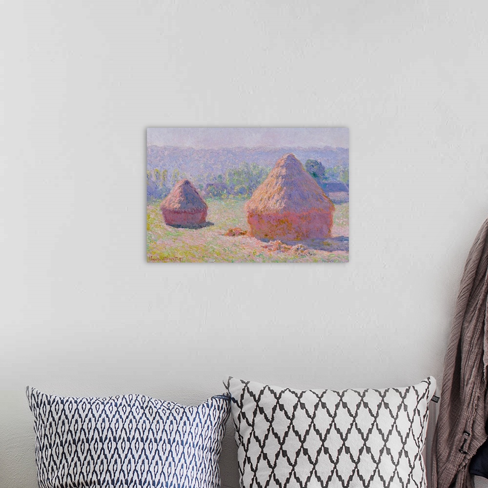 A bohemian room featuring A classic piece of artwork that shows two large grain stacks in an open field.