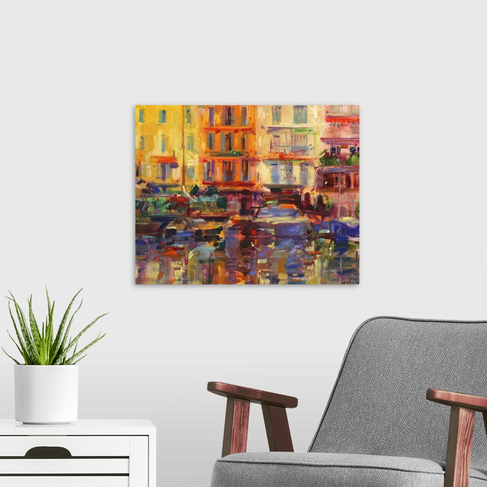 A modern room featuring Contemporary art painting of buildings overlooking a boat filled harbor.