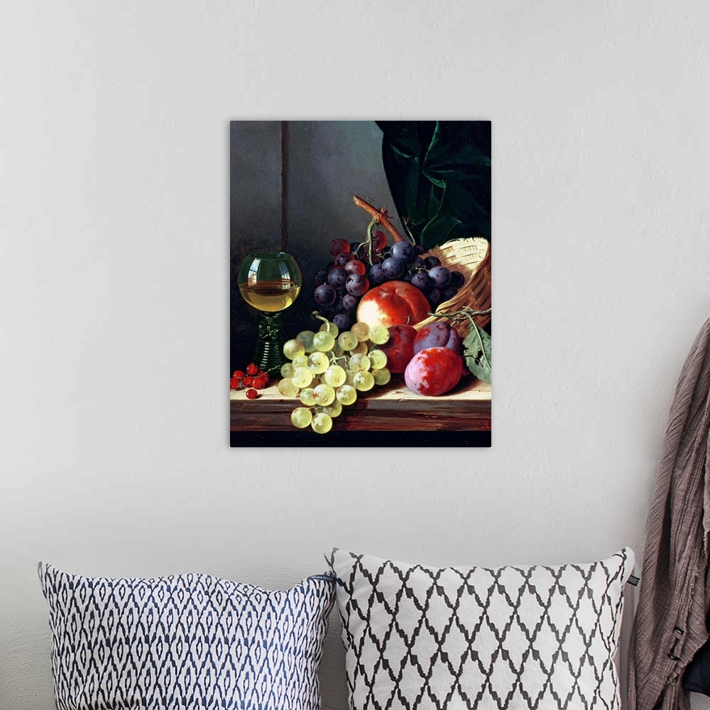 A bohemian room featuring Painting of a basket of fruit and a glass on wine on a table.  Some of the fruit included are pea...