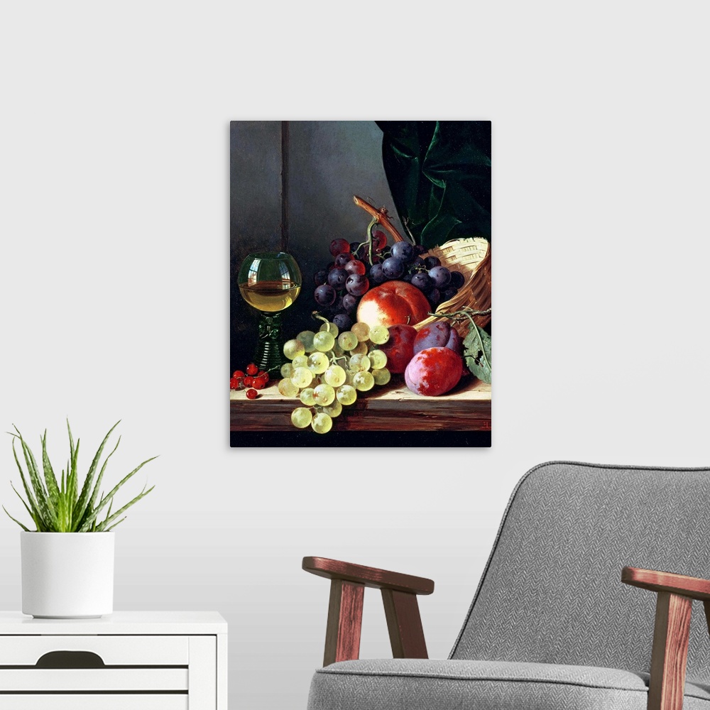 A modern room featuring Painting of a basket of fruit and a glass on wine on a table.  Some of the fruit included are pea...