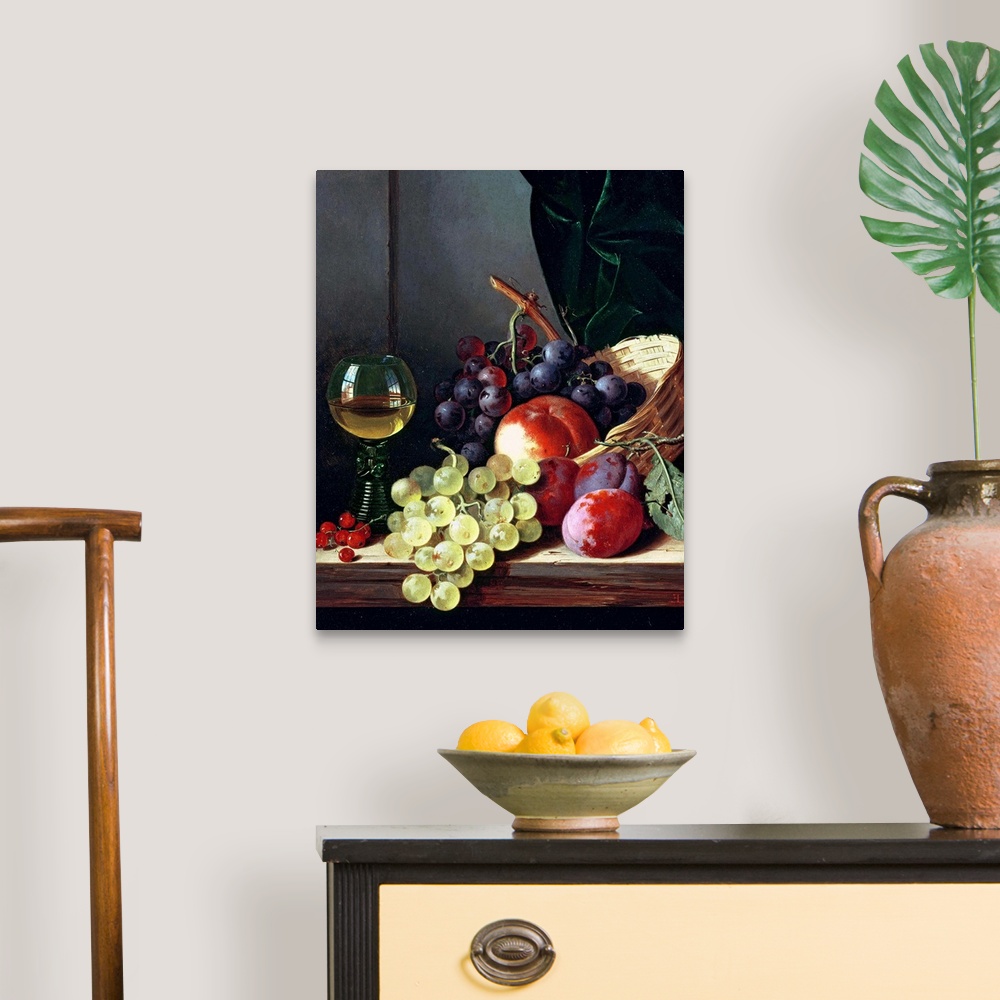 A traditional room featuring Painting of a basket of fruit and a glass on wine on a table.  Some of the fruit included are pea...