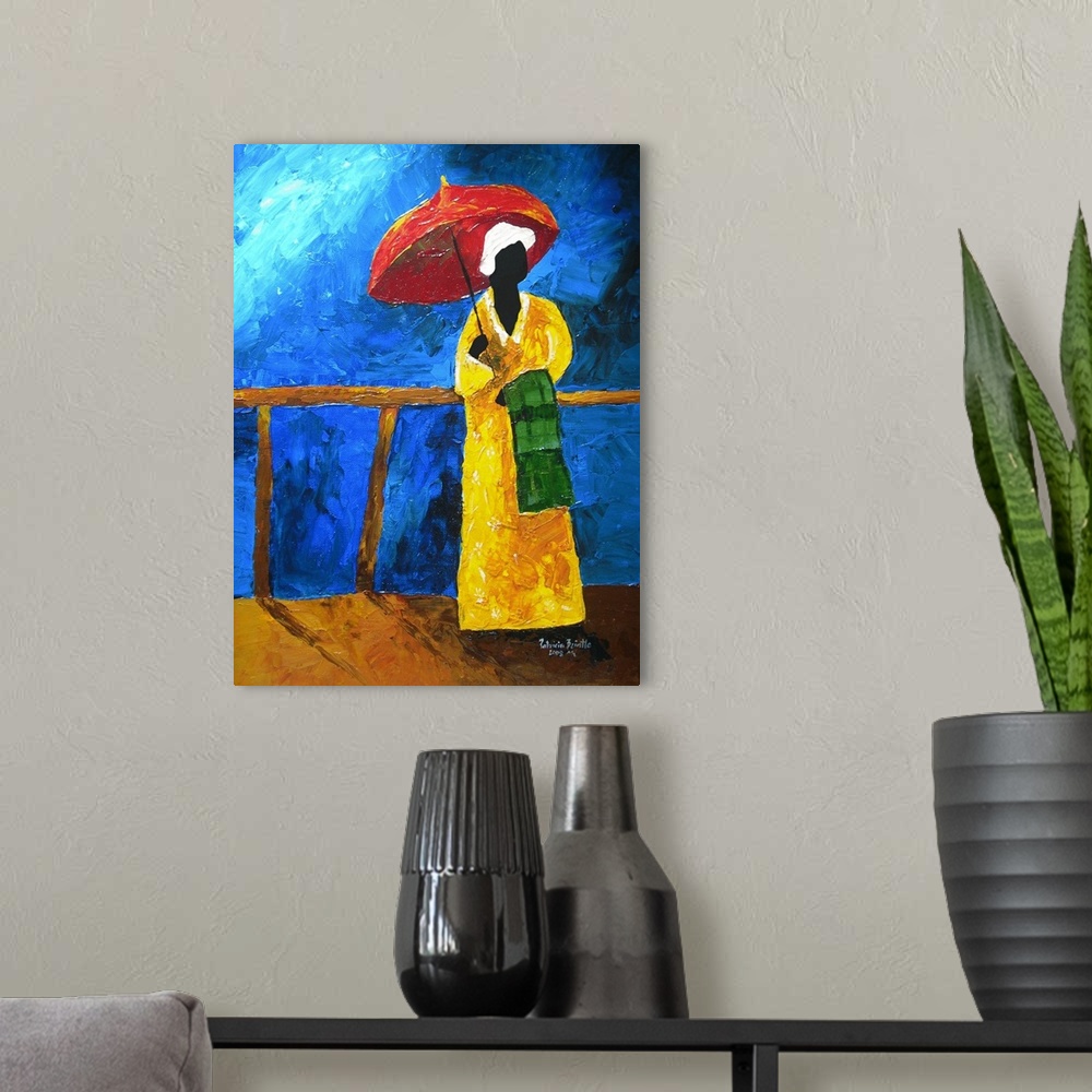 A modern room featuring Contemporary portrait of a Haitian woman holding an umbrella.