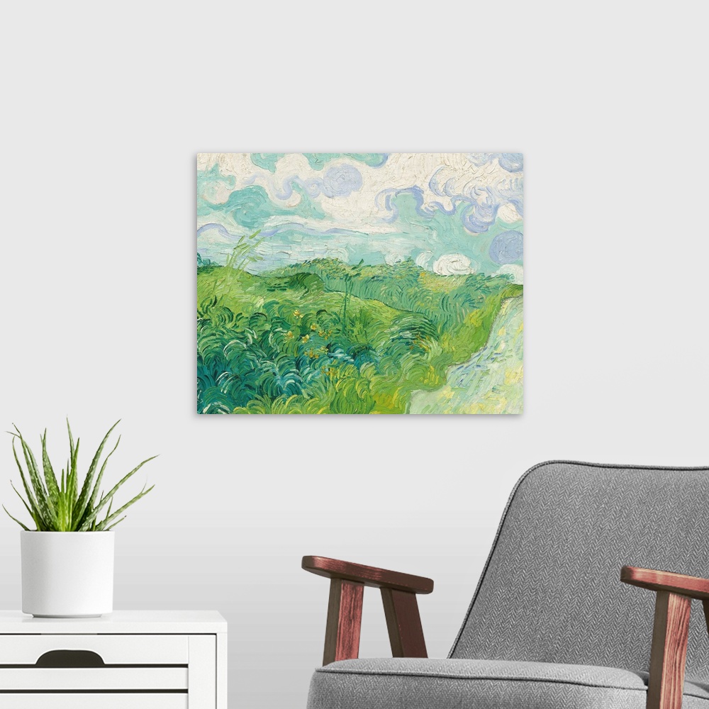A modern room featuring Painting of a green countryside field by Vincent Van Gogh.