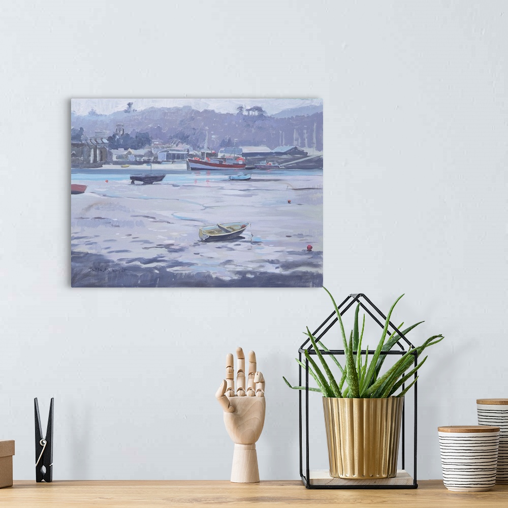 A bohemian room featuring Contemporary painting of a muggy looking harbor scene.