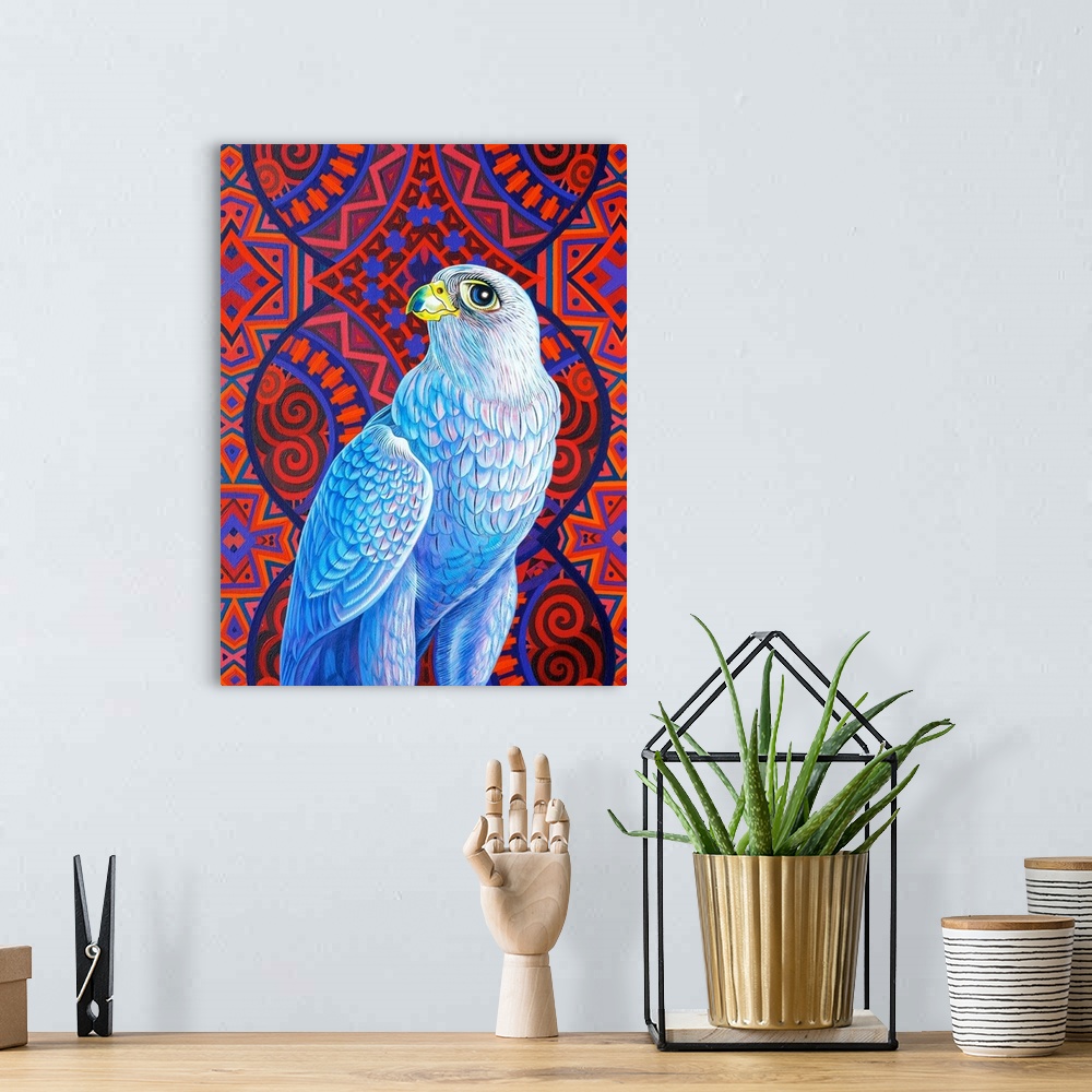 A bohemian room featuring Grey falcon, 2017, (originally oil on canvas) by Tattersfield, Jane