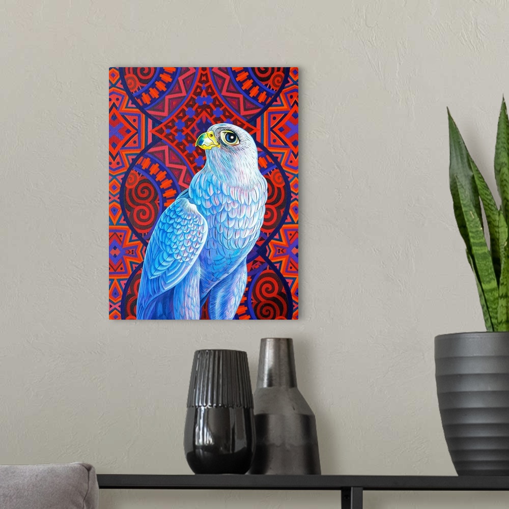 A modern room featuring Grey falcon, 2017, (originally oil on canvas) by Tattersfield, Jane