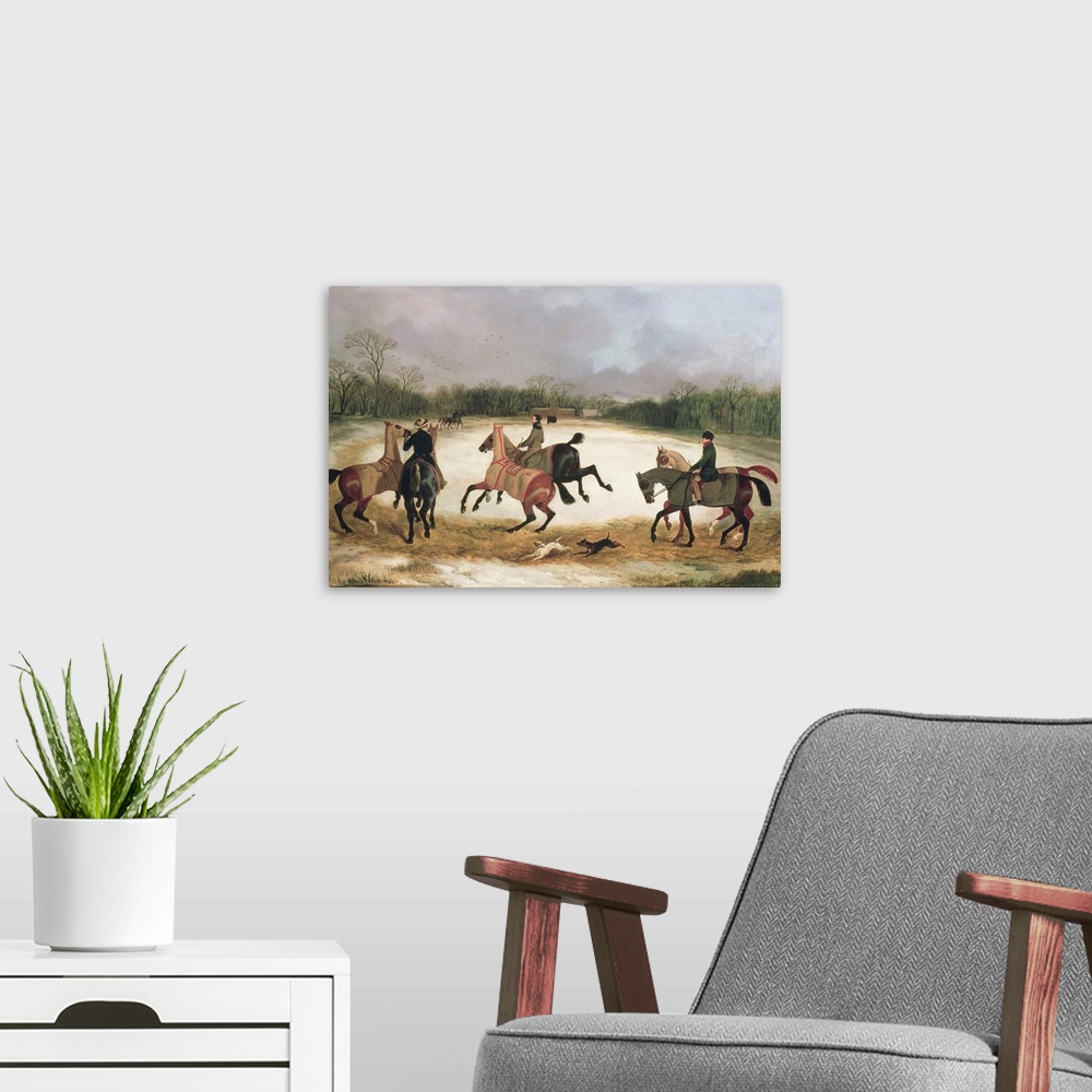 A modern room featuring BAL7198 Grooms exercising racehorses (oil on canvas)  by Dalby, David of York (1780-1849); Roy Mi...