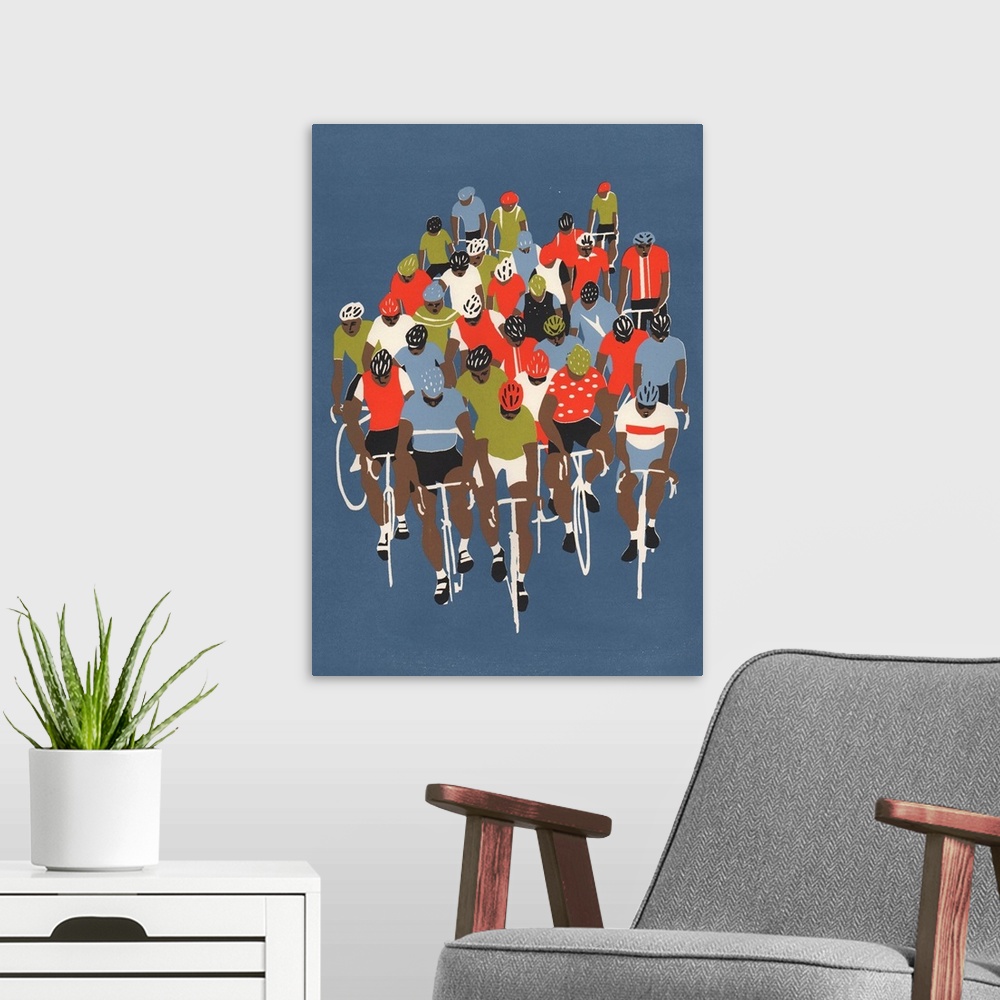 A modern room featuring Contemporary artwork of a group of cyclists against a blue background.