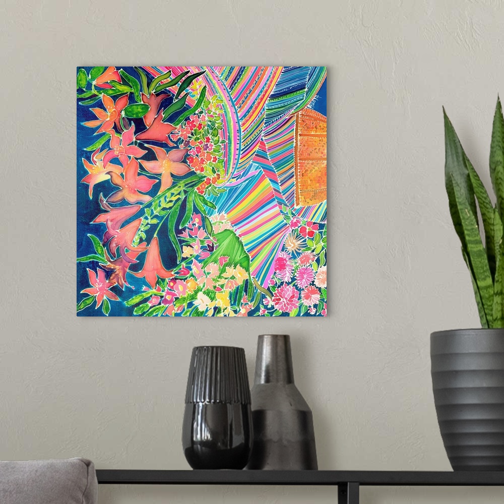 A modern room featuring Contemporary painting of colorful striped fabric and tropical flowers.
