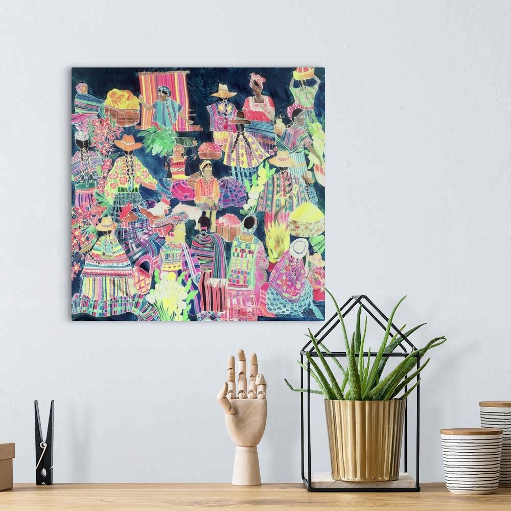 A bohemian room featuring Contemporary painting of people in brightly colored clothes visiting the market.