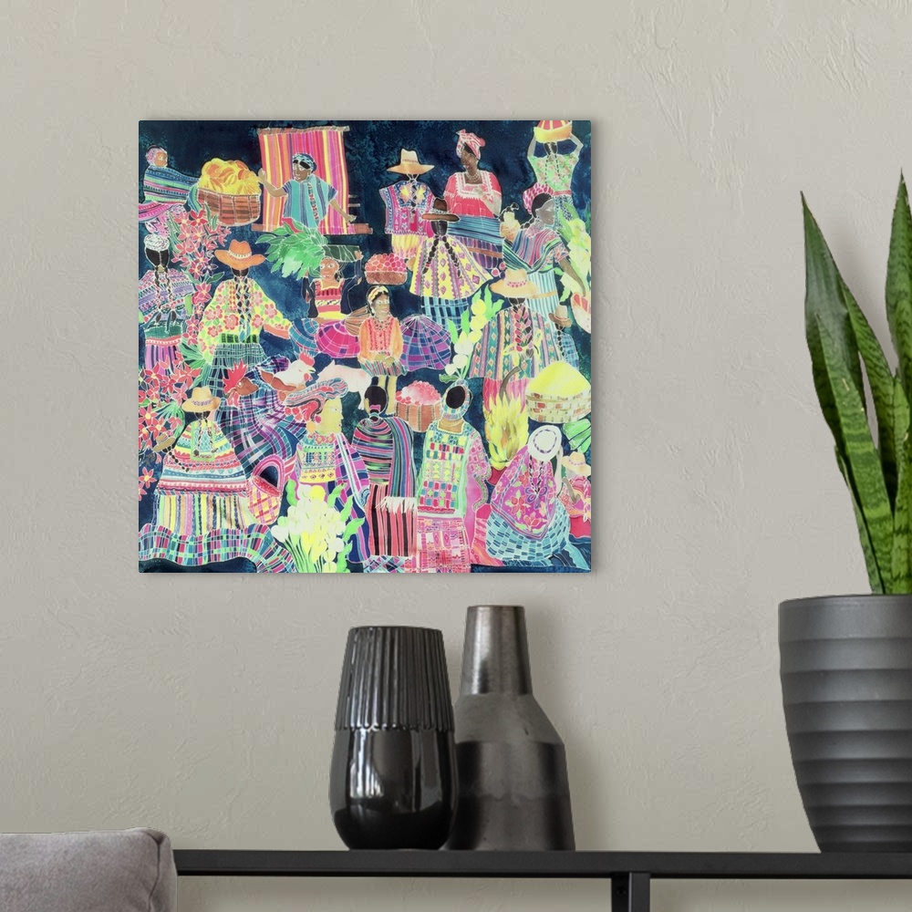 A modern room featuring Contemporary painting of people in brightly colored clothes visiting the market.
