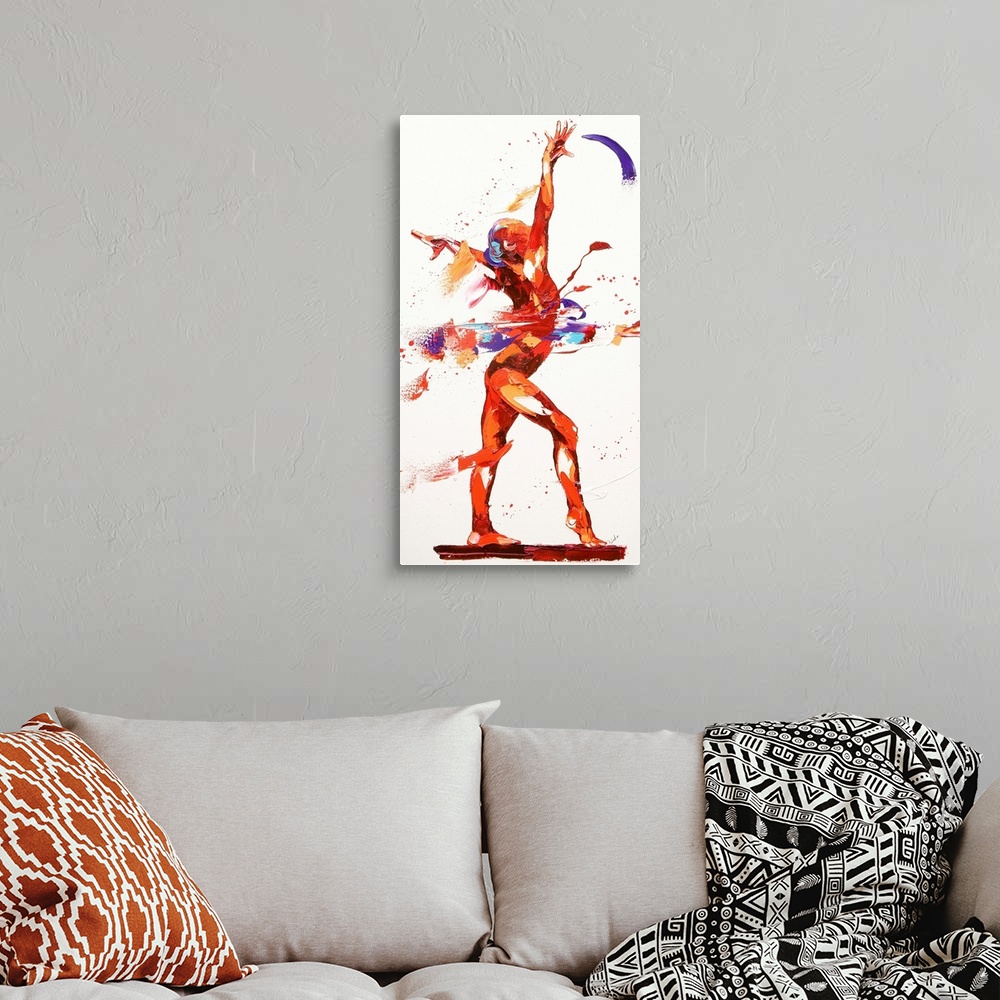 A bohemian room featuring Contemporary painting of a gymnast posing during a routine.
