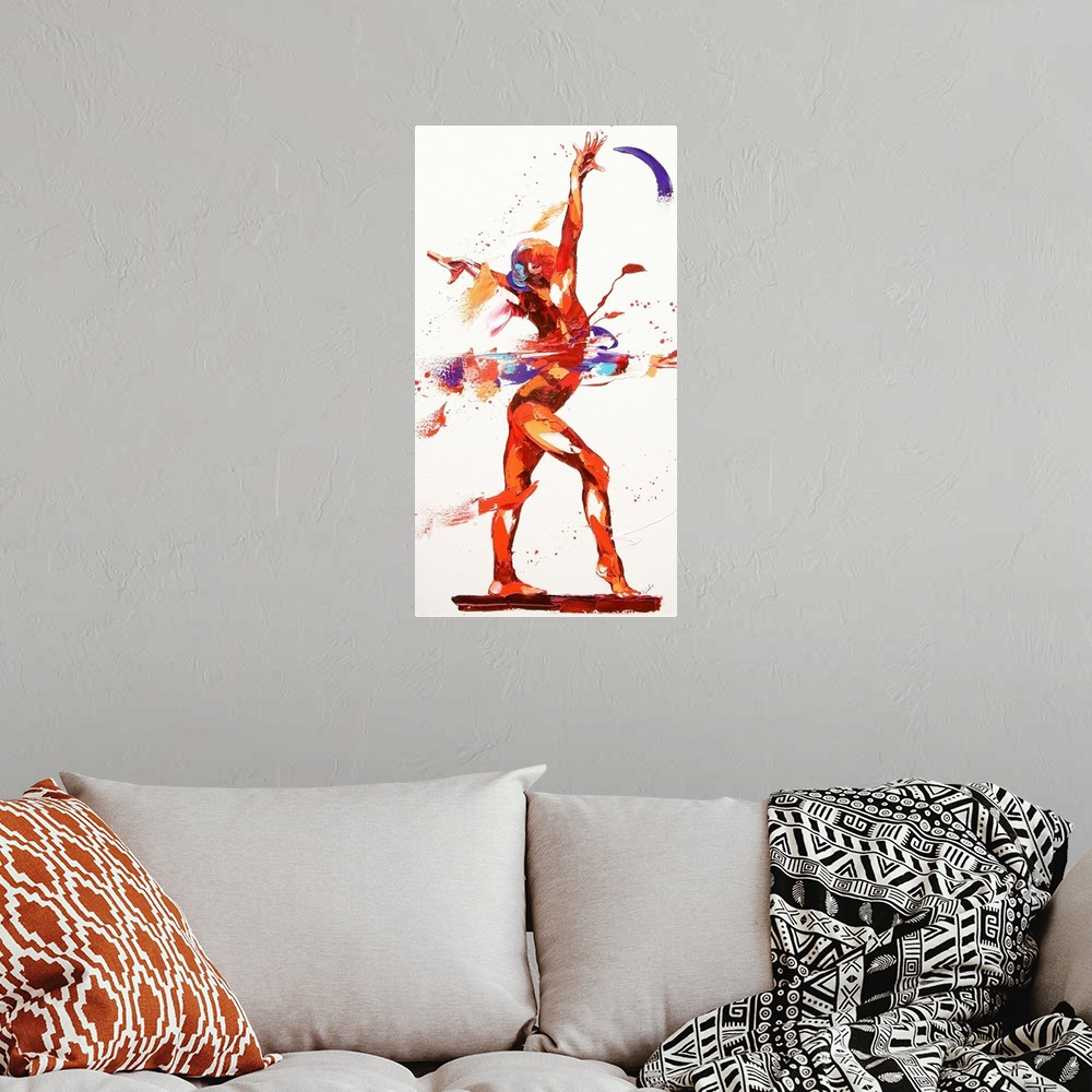 A bohemian room featuring Contemporary painting of a gymnast posing during a routine.